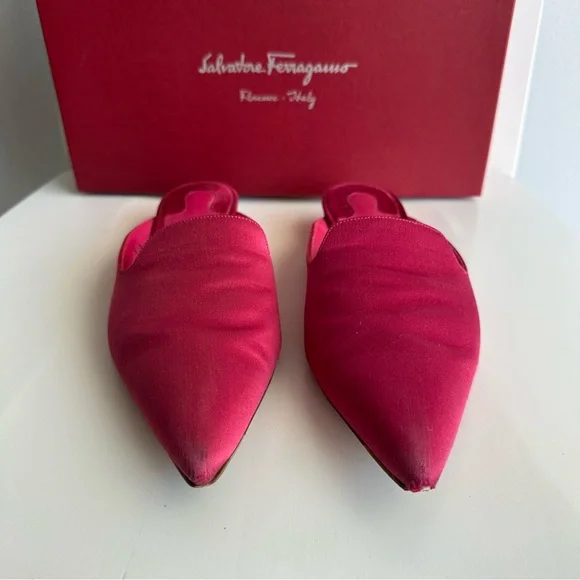 Salvatore Ferragamo Maida Satin Pointed Toe Low Heeled Mules in Fuchsia Pink - Picture 3 of 10